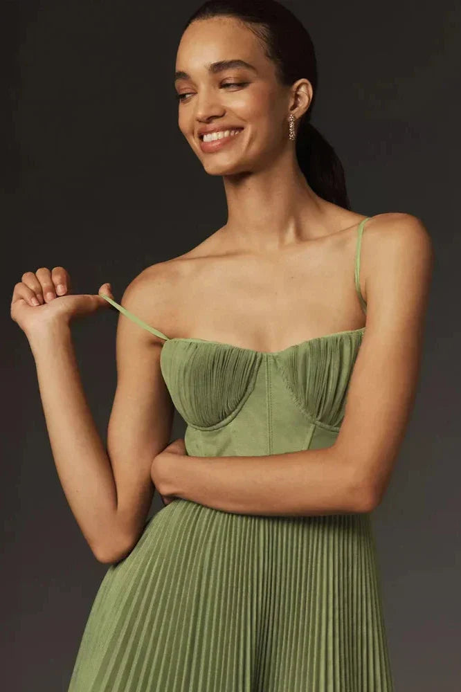 Bustier Pleated Tulle Midi Dress - Moss Green