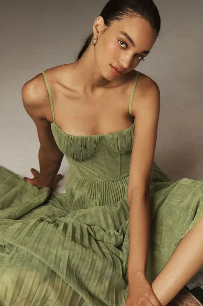 Bustier Pleated Tulle Midi Dress - Moss Green