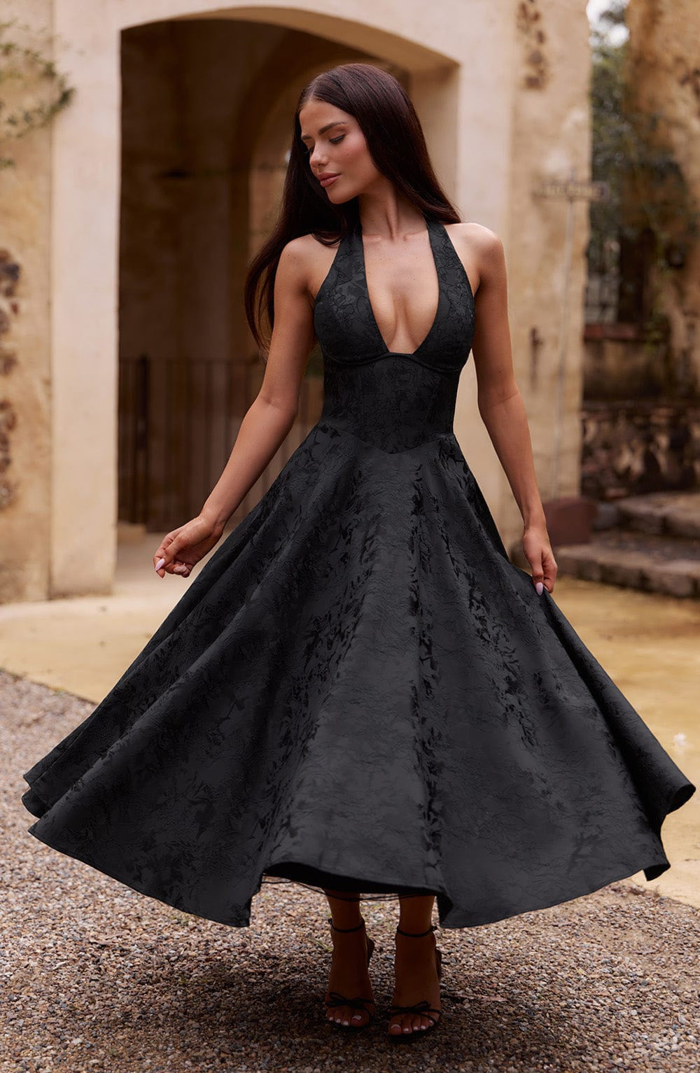 Solène Jacquard Halter Midi Dress