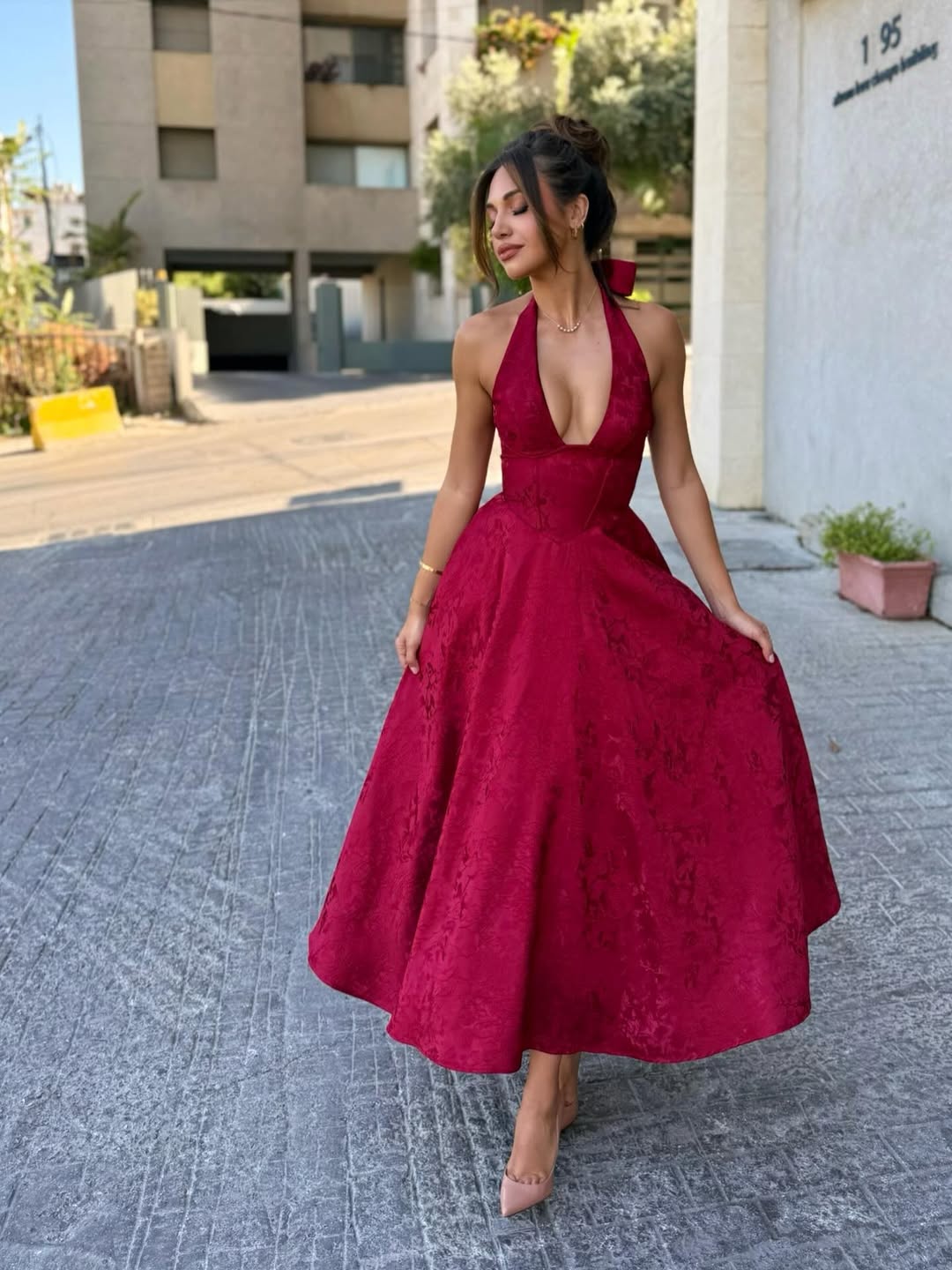 Solène Jacquard Halter Midi Dress