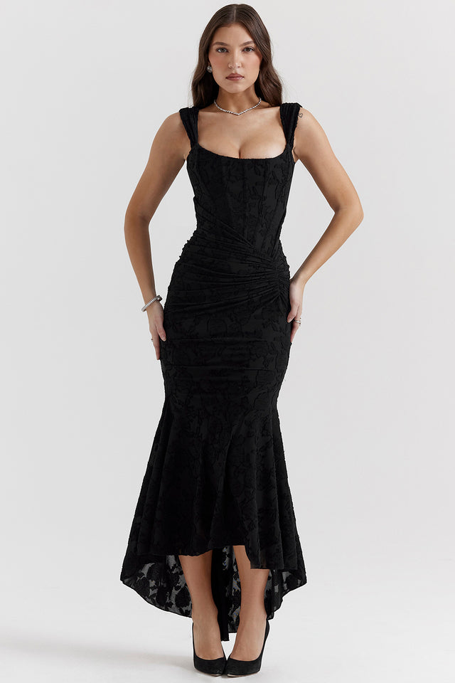Lace Contour Draped Hem Maxi Dress