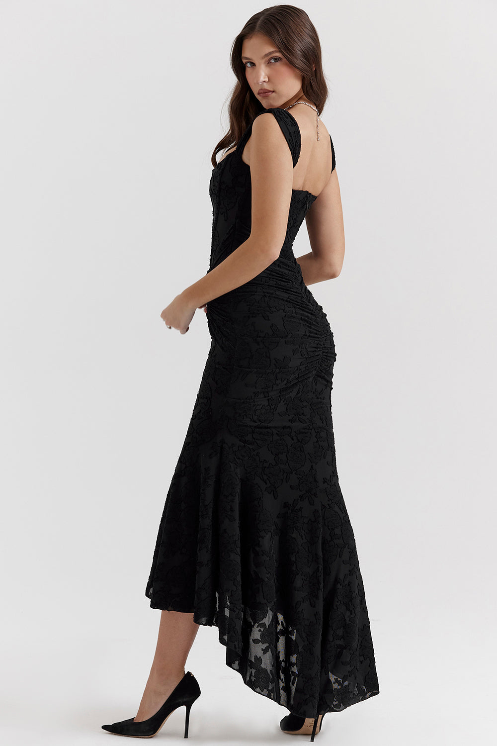 Lace Contour Draped Hem Maxi Dress