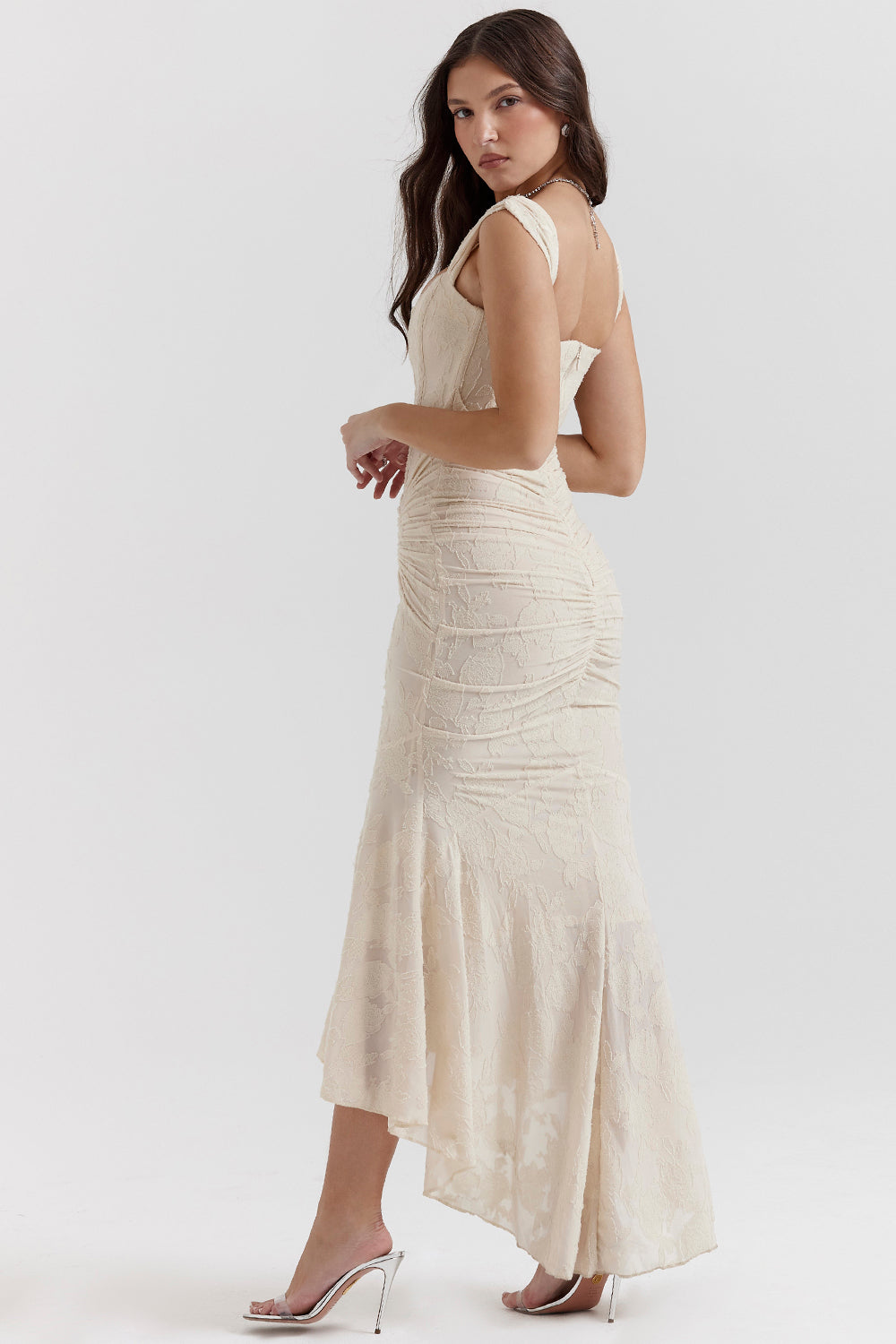 Lace Contour Draped Hem Maxi Dress