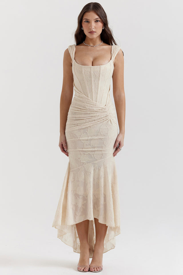 Lace Contour Draped Hem Maxi Dress