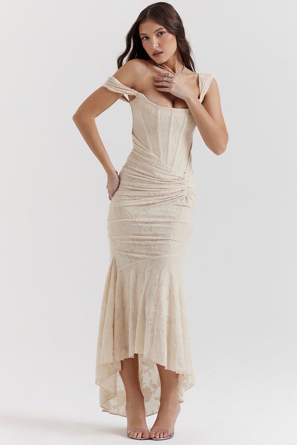 Lace Contour Draped Hem Maxi Dress