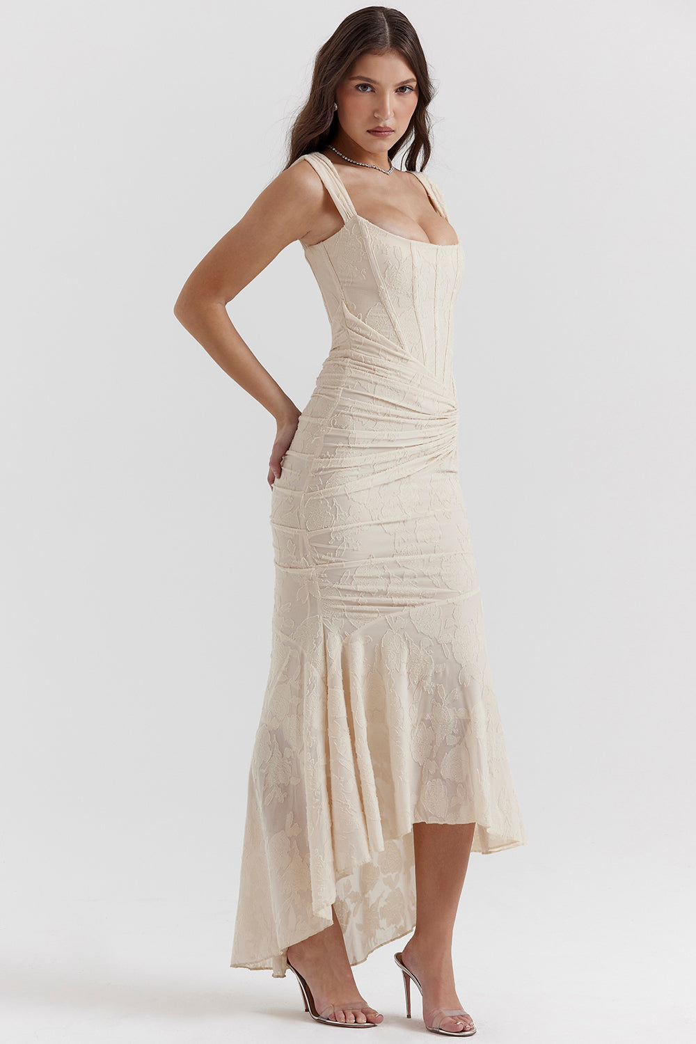 Lace Contour Draped Hem Maxi Dress