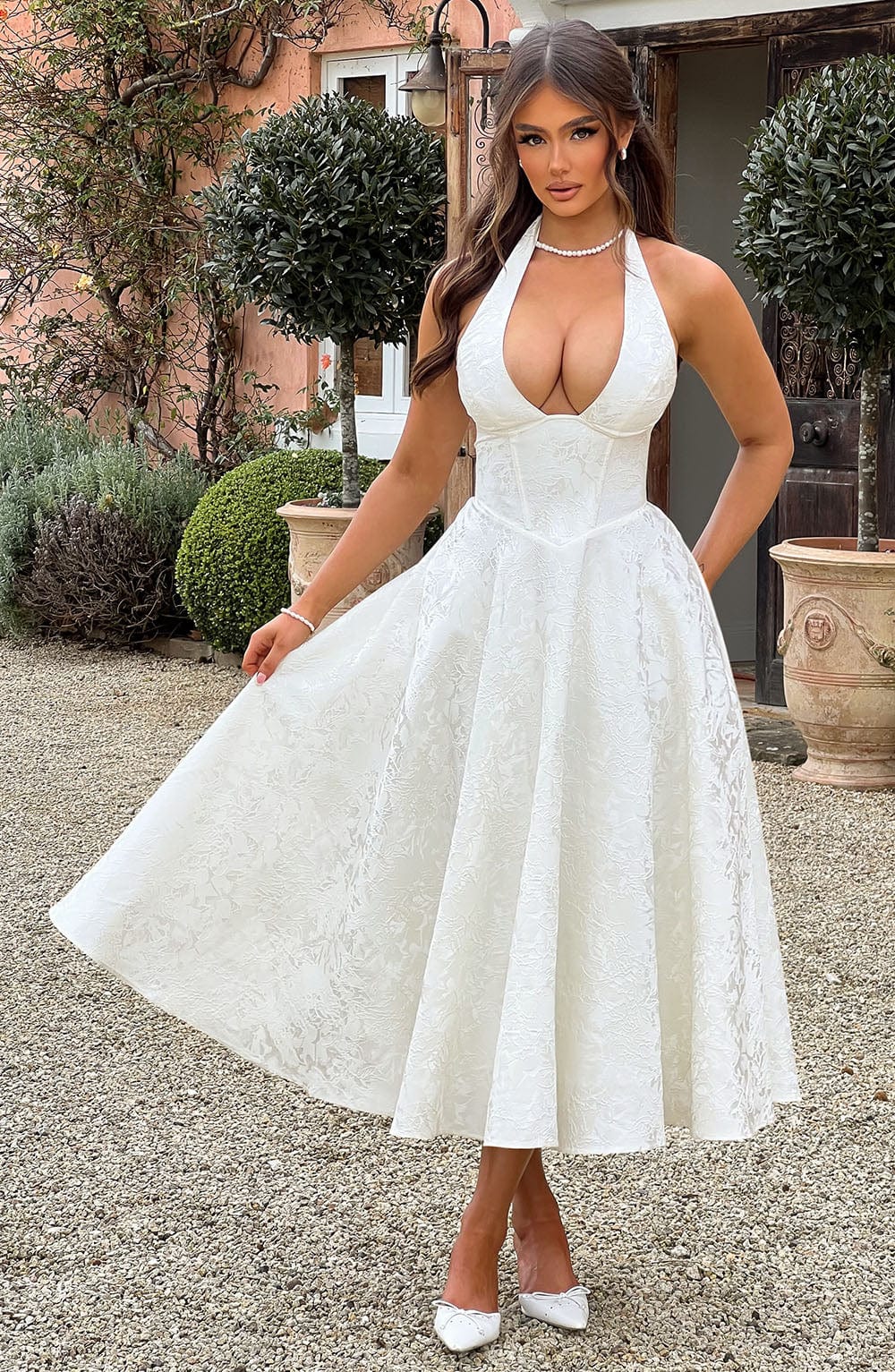 Solène Jacquard Halter Midi Dress