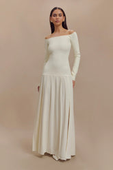 Vestido largo de punto con hombros descubiertos – Marfil