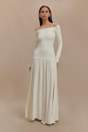 Vestido largo de punto con hombros descubiertos – Marfil