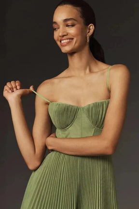 Bustier Pleated Tulle Midi Dress - Moss Green