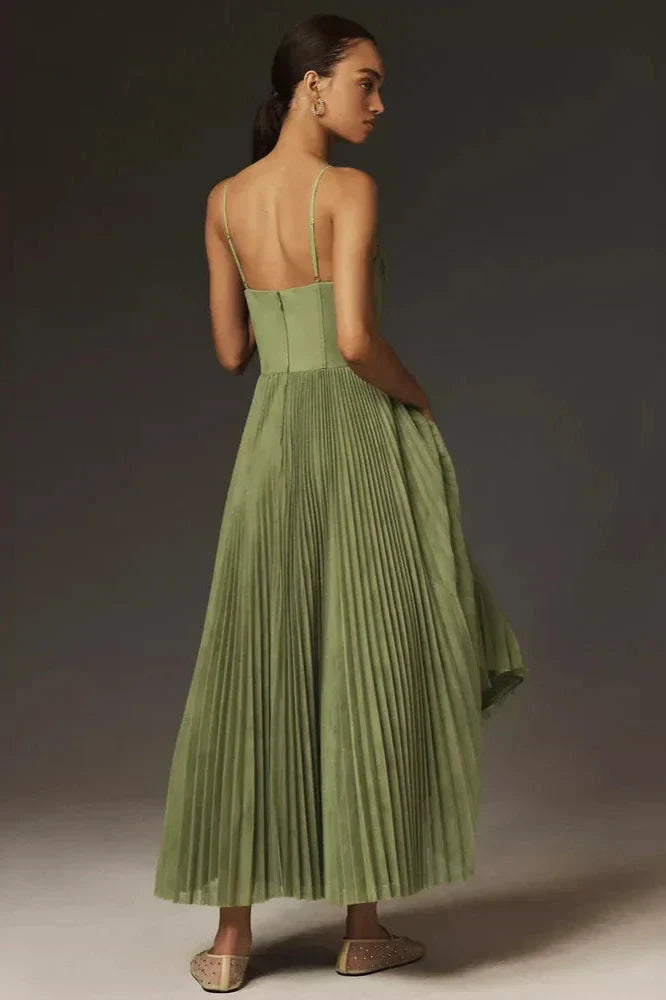 Bustier Pleated Tulle Midi Dress - Moss Green