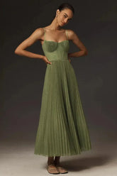 Bustier Pleated Tulle Midi Dress - Moss Green