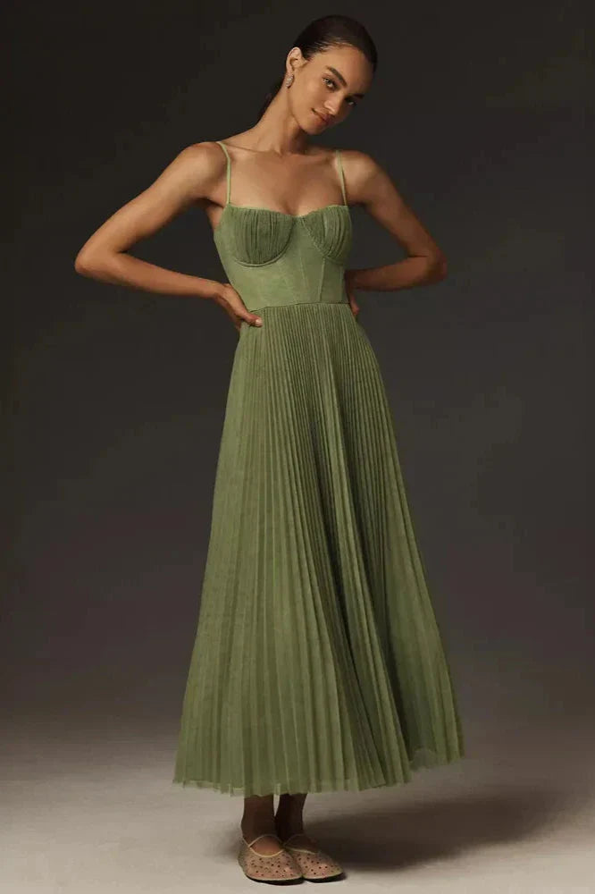 Bustier Pleated Tulle Midi Dress - Moss Green